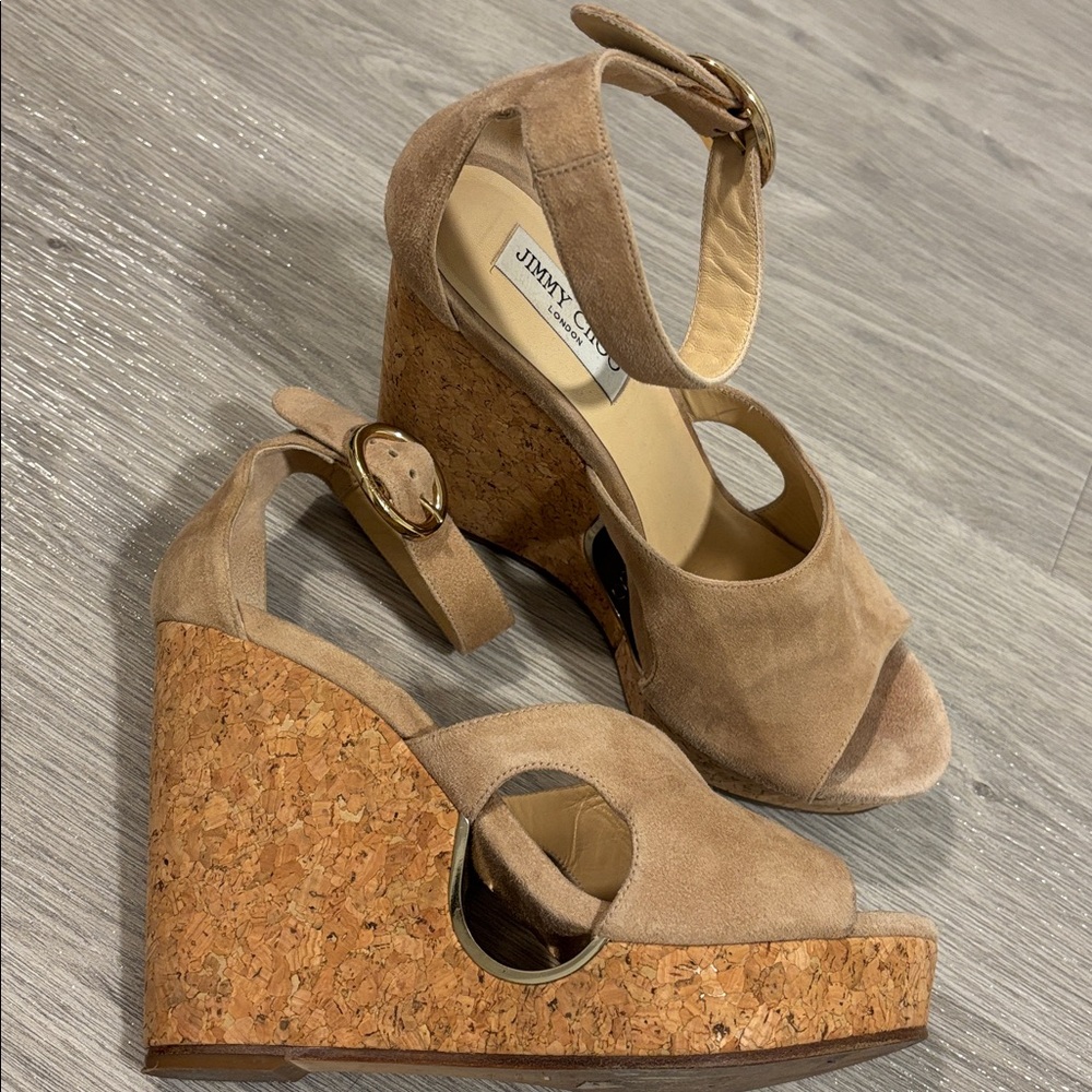 Jimmy Choo Cream Suede Cork Platform Ankle Strap Women's Shoes size 40 - Picture 5 of 14